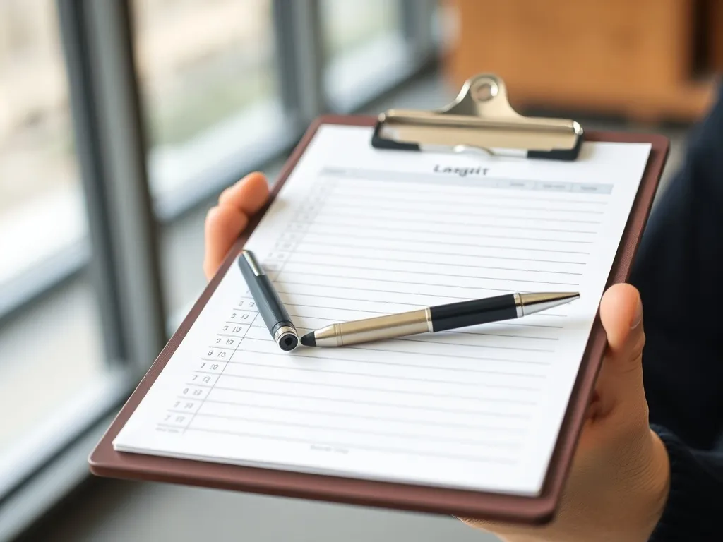 Professional cleaning logbook on a clipboard, close up, pen,