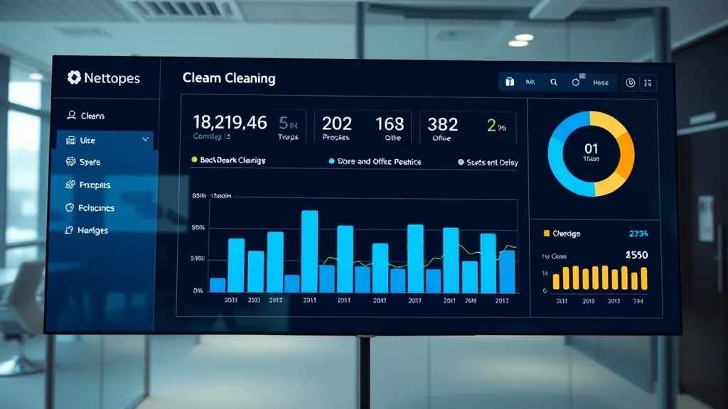 Dashboard showing cleaning statistics, digital screen, offic
