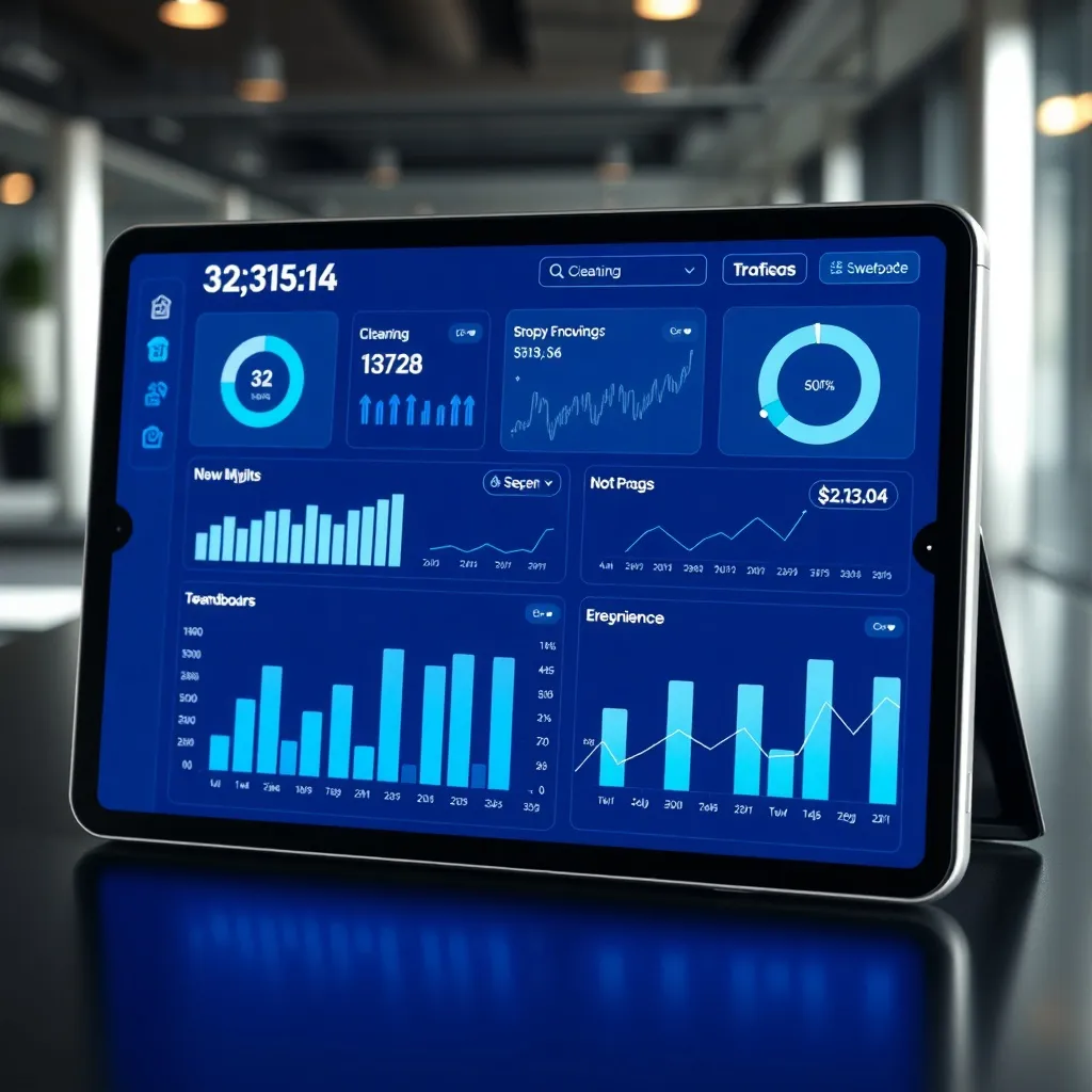 A sleek digital dashboard UI on a tablet screen showing clea
