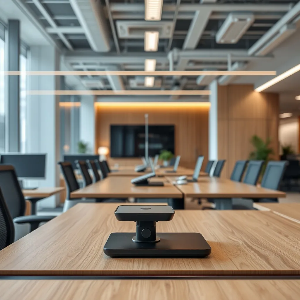Close-up of modern office desk surfaces, wood veneer, glass,