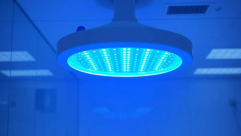 UVC disinfection lamp emitting a blue glow in a laboratory o